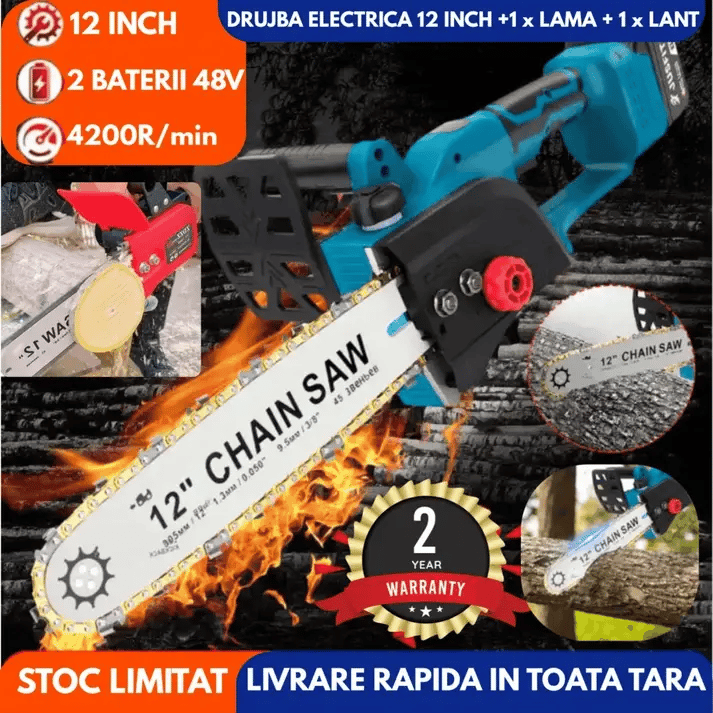 Pachet 4 : Foarfeca Electrica De Gradina Cu 2 Acumulatori De 24V + Drujba Electrica Cu 1 x Lama 31 cm (12 INCH), 1 x Lant, 2 x Acumulator 48V +CADOU SURPRIZA