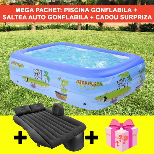 PACHET 12: Piscina Gonflabila 115 x 85 x 30 cm + Saltea Gonflabila Pentru Masina 2 Perne si Pompa De Umflat + Cadou Surpriza
