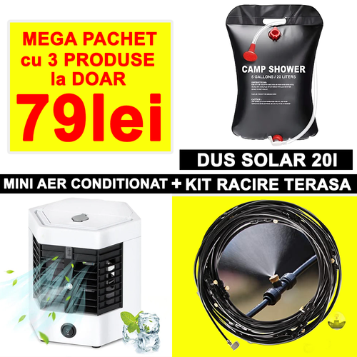 PACHET 14: PACHET ANTI CALDURA: Mini Aer Portabil + Kit Terasa 20m + Dus Solar 20L