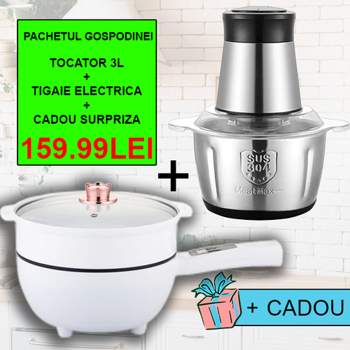 PACHET 9: Tocator Electric Multifunctional CU Bol Din Inox, Capacitate 3L, 4 Lame Din Inox, 300W Putere + Tigaie Electrica Multifunctionala Putere 1000W, Diametru 26 cm, Capacitate 3L + Cadou Surpriză