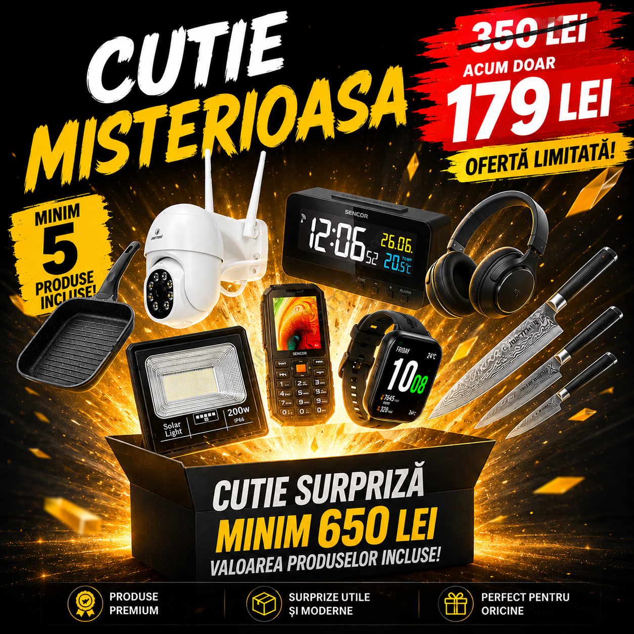 MEGA Cutie Ꚃurpriză Casă, Grădină & TECH – Minim 5 Produse | Valoare Garantată 650+ Lei