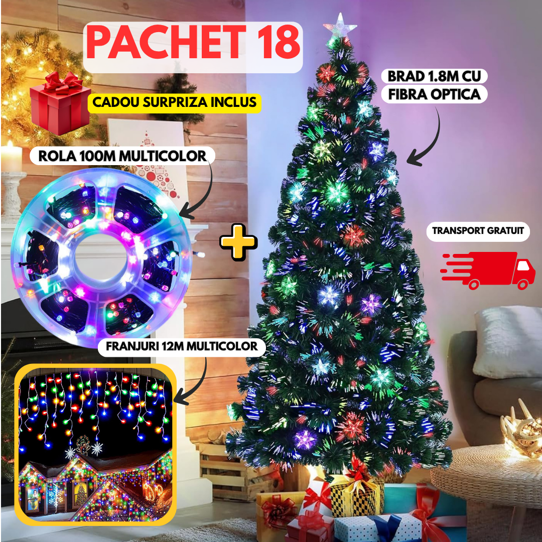 PACHET 18: Brad Artificial Cu Fibra Optica cu Aspect Nins si Steluta LED 1.8m + Instalatie Tip Rola 100m Multicolor + Instalatie Tip Turturi 12m Multicolor + CADOU SURPRIZA