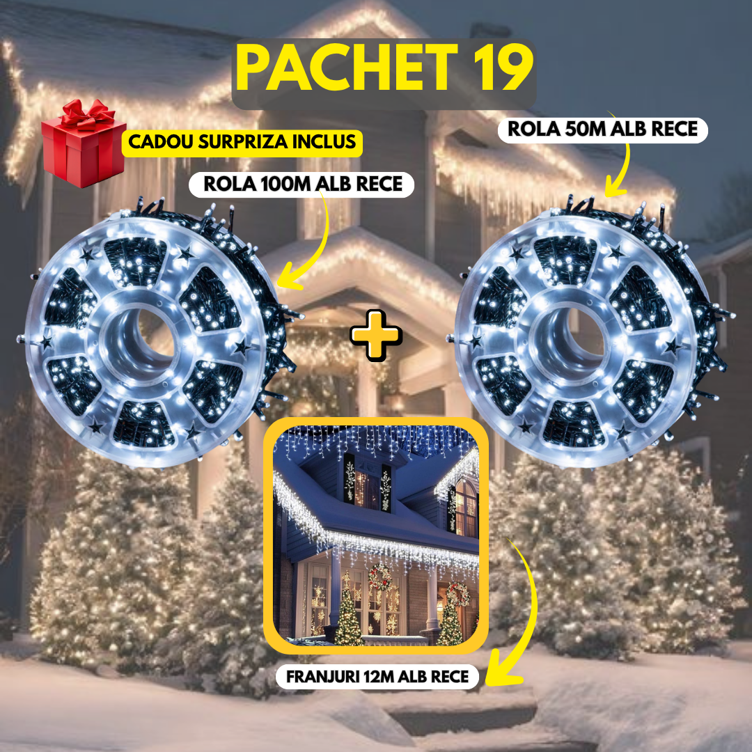PACHET 19: Instalatie Tip Rola 100m Alb Rece +  Instalatie Tip Rola 50m Alb Rece + Instalatie Tip Turturi 12m Alb Rece + Cadou Surpriza