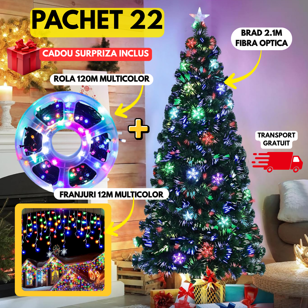 Pachet 22: Brad Artificial Cu Fibra Optica, Aspect Nins si Steluta LED 2.1 m + Instalatie Tip Turturi 12m Multicolor + Instalatie Tip Rola 120m Multicolor + Cadou Surpriza+ Transport Gratuit