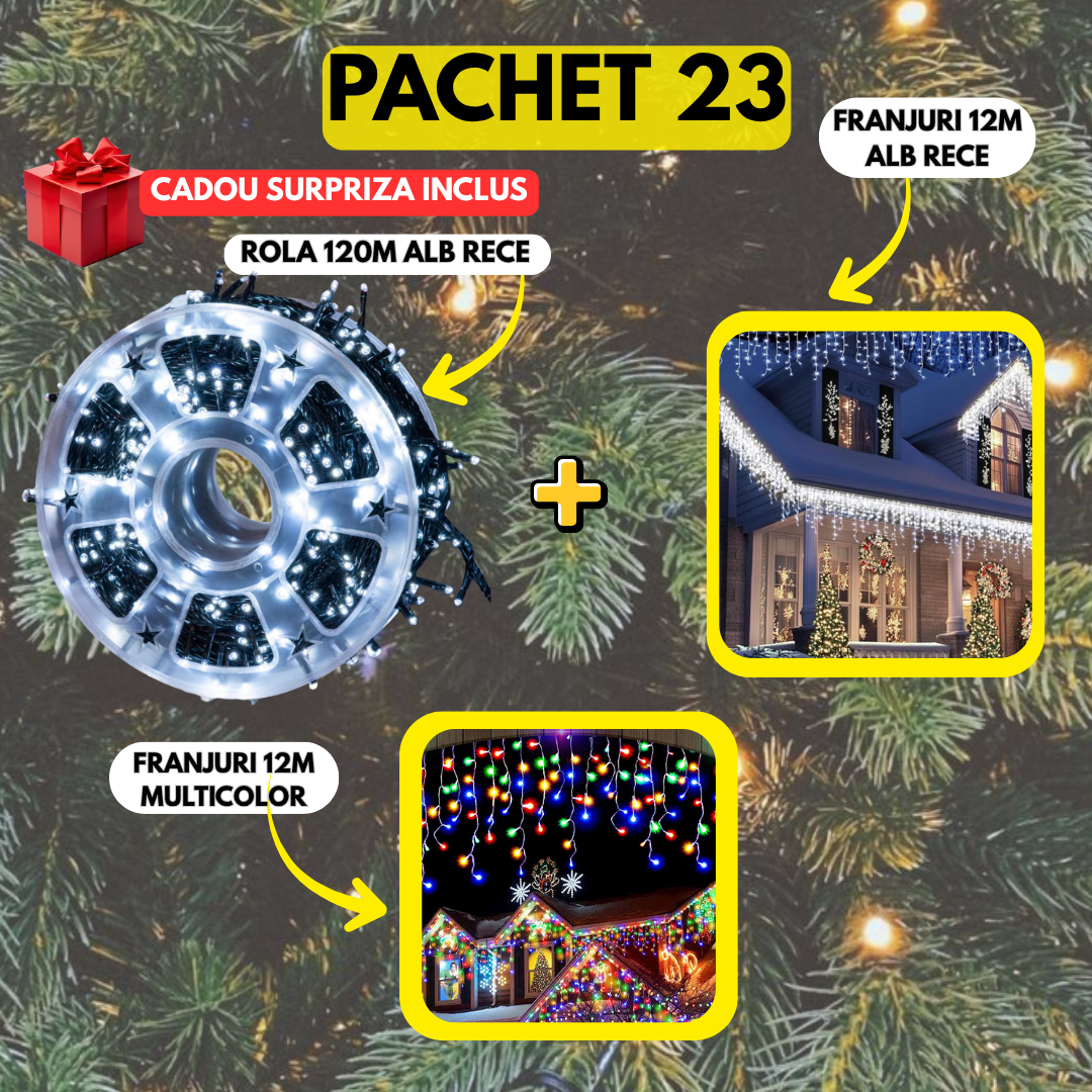 Pachet 23: Instalatie Tip Turturi 12m Alb Rece + Instalatie Tip Turturi 12m Multicolor + Instalatie Tip Rola 120m Alb Rece + Cadou Surpriza