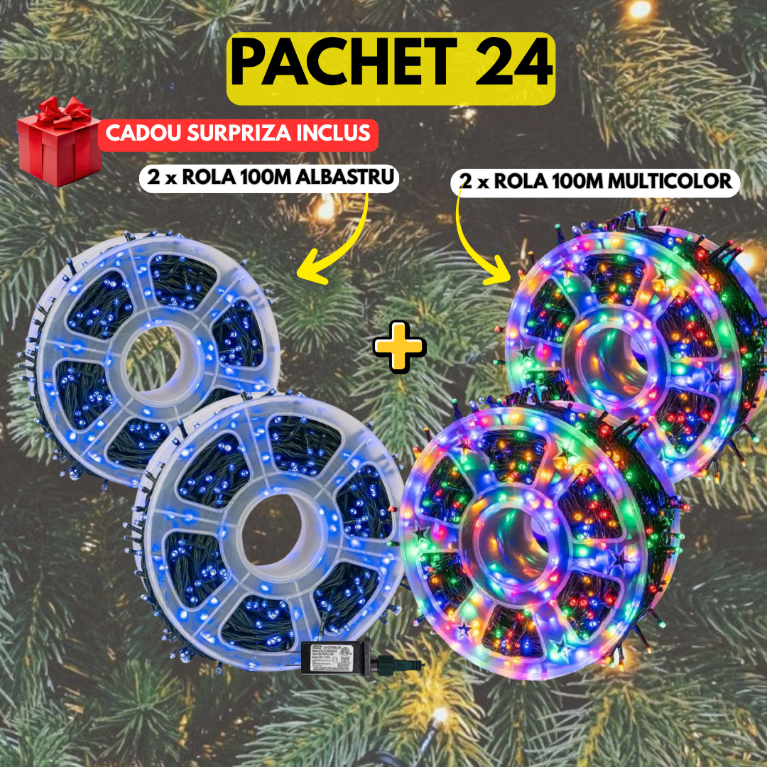 PACHET 24: 2 x Instalatie Tip Rola 100 m Albastru Regal + 2 x Instalatie Tip Rola 120 m Multicolor + Cadou Surpriza