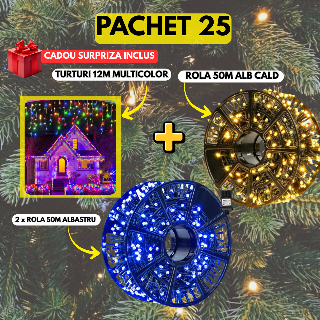 PACHET 25: 2 x Instalatie Tip Rola 50m Albastru + 1 x Instalatie Tip Rola 50m Alb Cald + 1 x Instalatie Tip Turturi 12m Multicolor + Cadou Surpriza