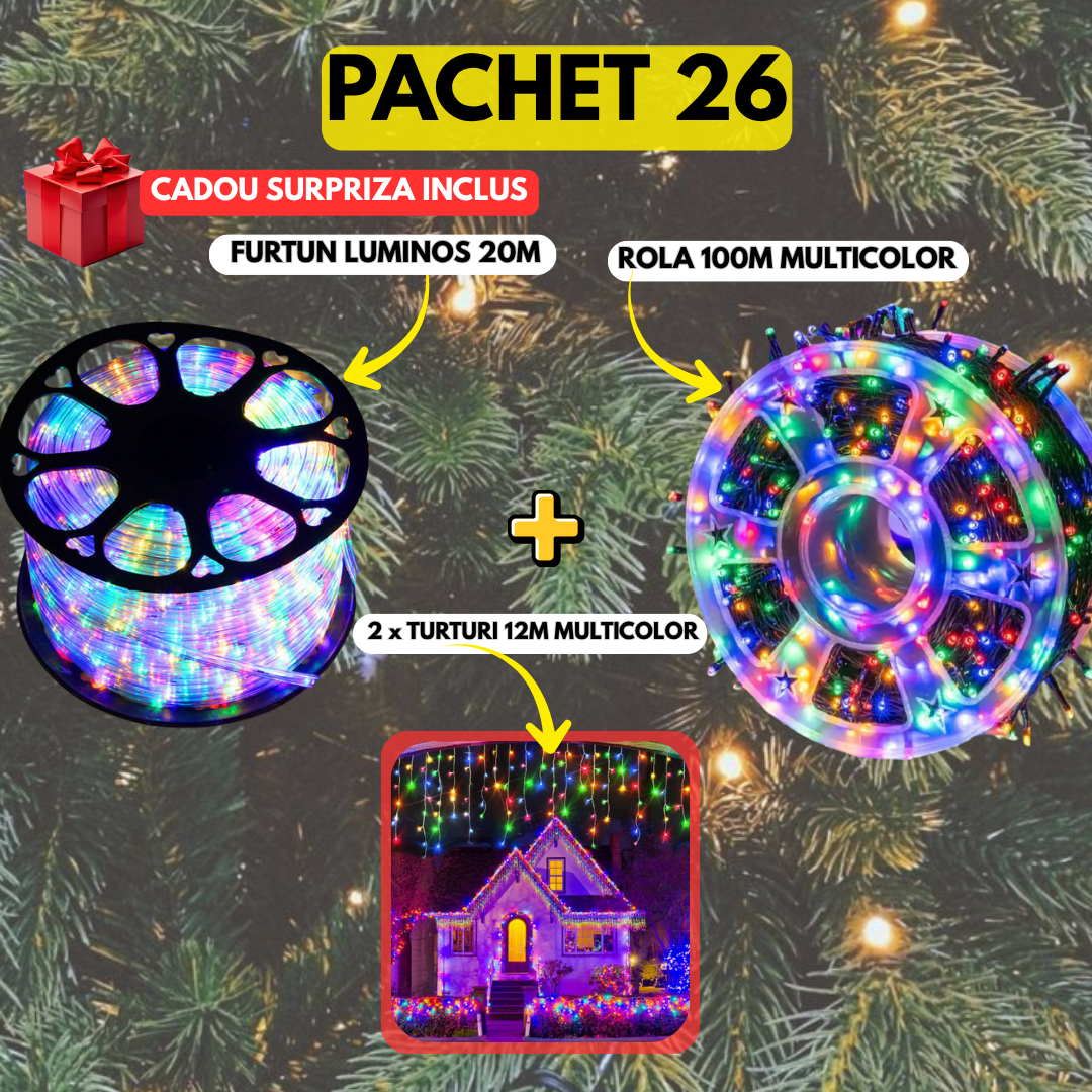 PACHET 26: Instalatie Tip Furtun Luminos 20m + Instalatie Tip Rola 100m Multicolor + 2 x Instalatie Tip Turturi 12m Multicolor + Cadou Surpriza