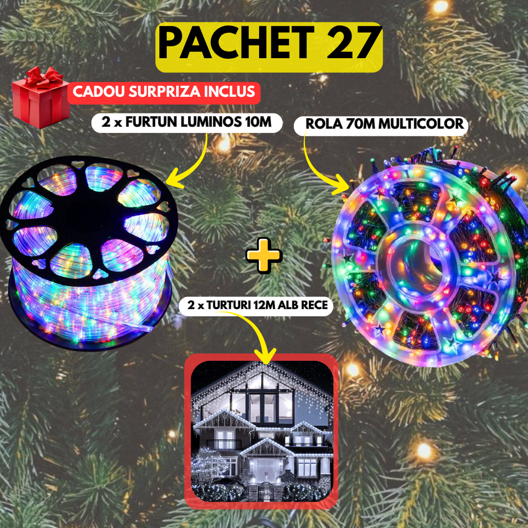 PACHET 27: 2 x Instalatie Tip Furtun Luminos 10m + 2 x Instalatie Tip Turturi 12m Alb Rece + Instalatie Tip Rola 70m Multicolor + Cadou Surpriza