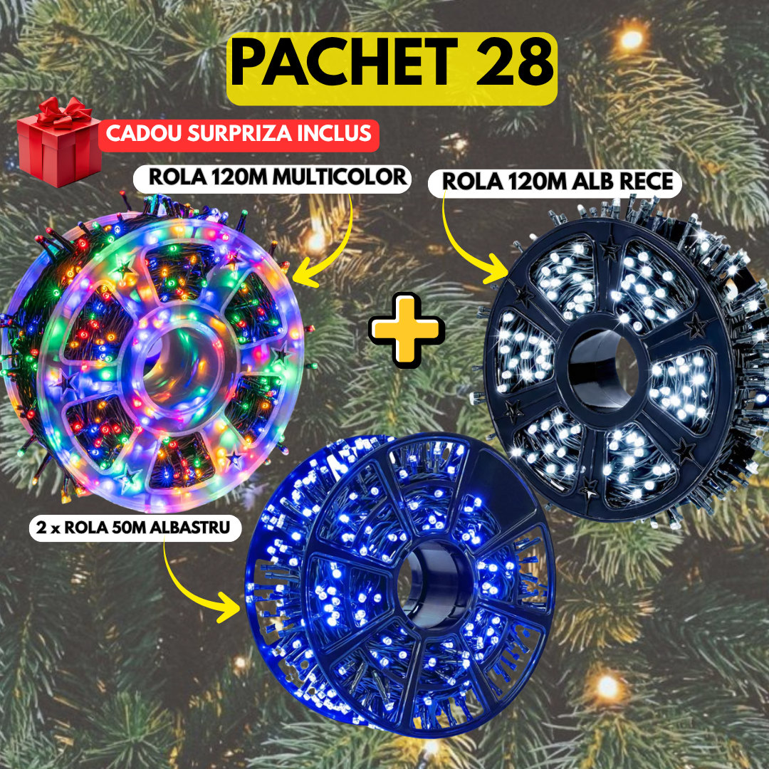 PACHET 28: Instalatie Tip Rola 120m Alb Rece + Instalatie Tip Rola 120m Multicolor + 2 x Instalatie Tip Rola 50m Albastru + Cadou Surpriza