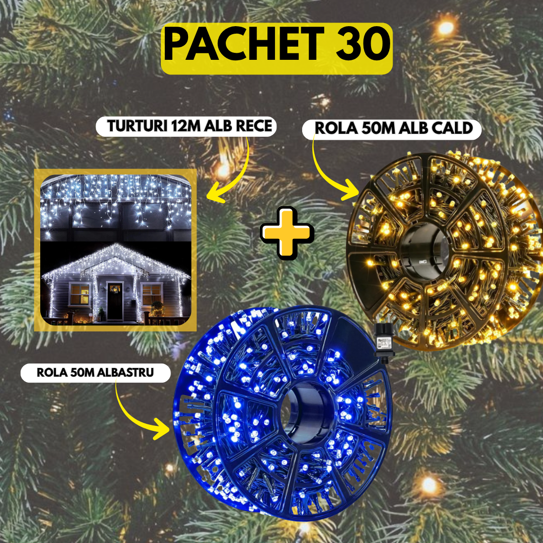 PACHET 30: Instalatie Tip Rola 50m Albastru + Instalatie Tip Rola 50m Alb Cald + Instalatie Tip Turturi 12m Alb Rece+ Cadou Surpriza