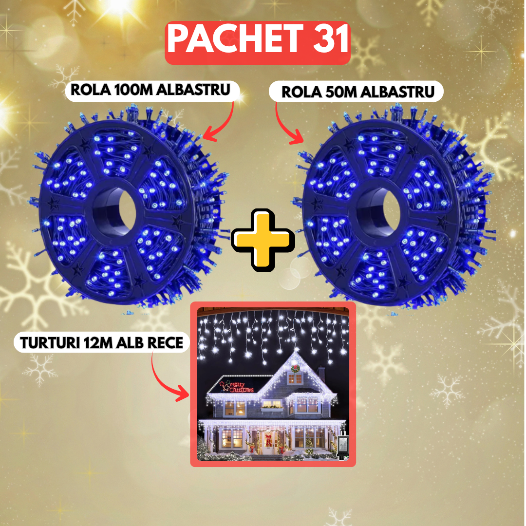 PACHET 31: Instalatie Tip Rola 100m Albastru + Instalatie Tip Rola 50m Albastru + Instalatie Tip Turturi 12m Alb Rece+ Cadou Surpriza