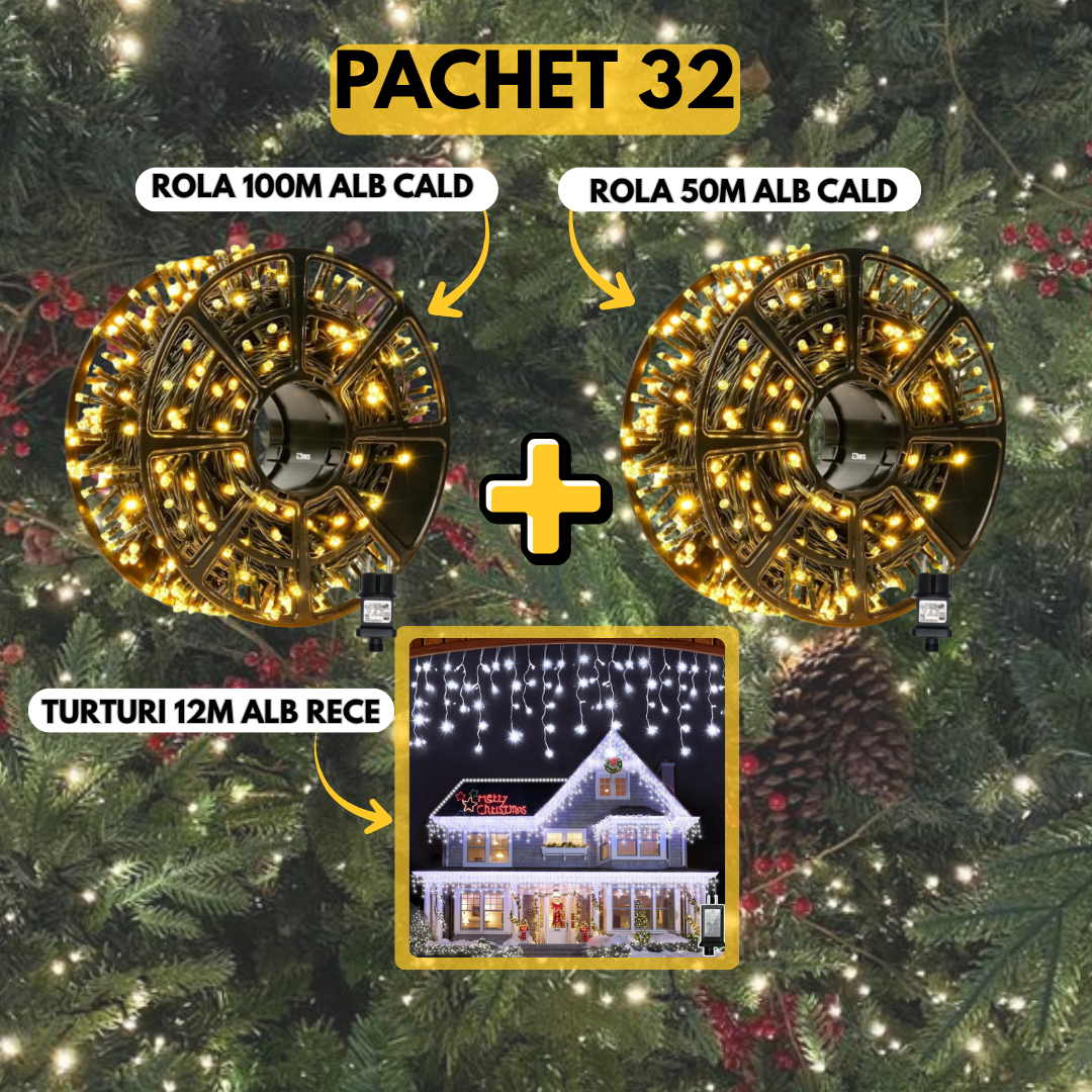 PACHET 32:  Instalatie Tip Rola 100m Alb Cald + Instalatie Tip Rola 50m Alb Cald + Instalatie Tip Turturi 12m Alb Rece + CADOU SURPRIZA