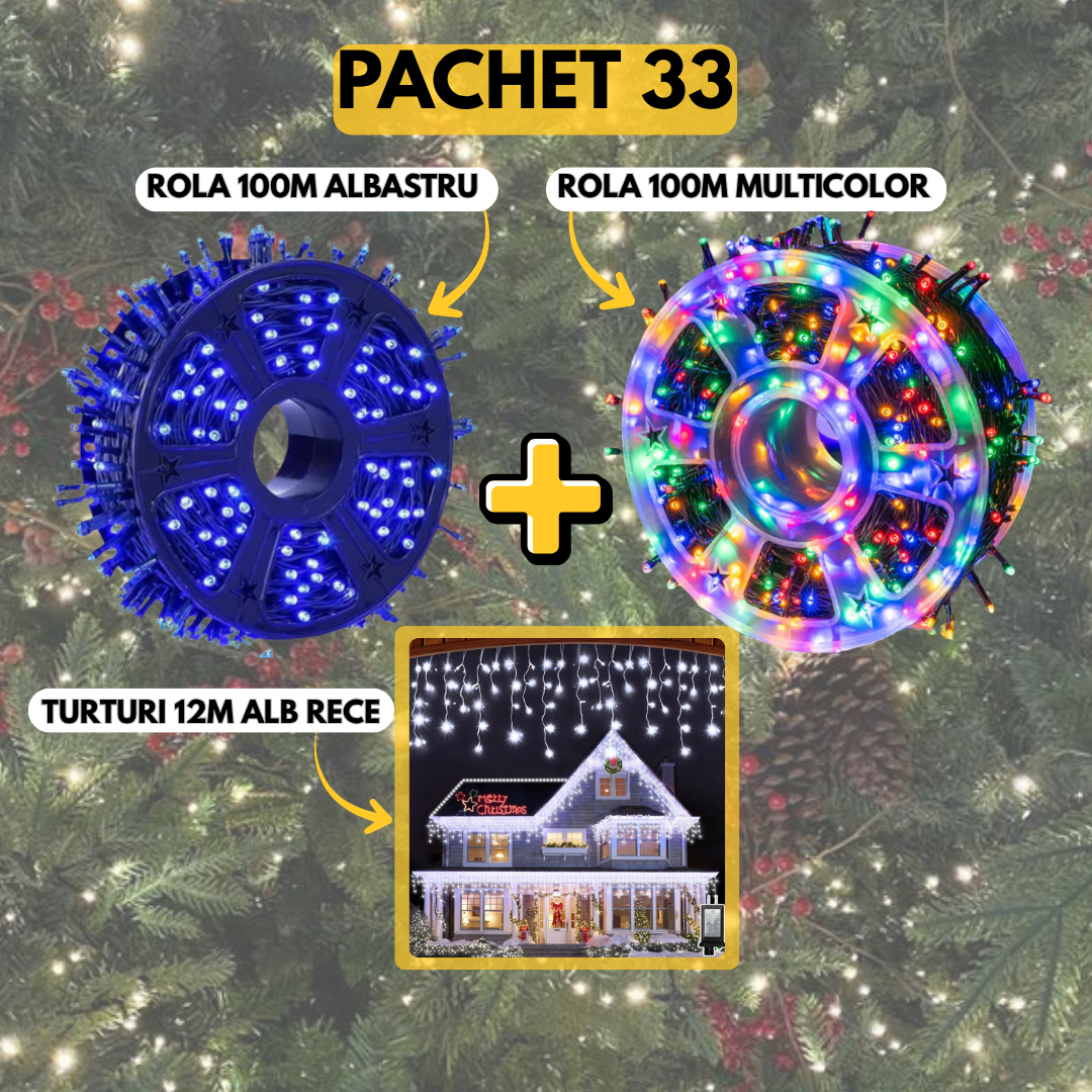 PACHET 33: Instalatie Tip Rola 100m Multicolor  + Instalatie Tip Rola 100m Albastru + Instalatie Tip Turturi 12m Alb Rece + CADOU SURPRIZA