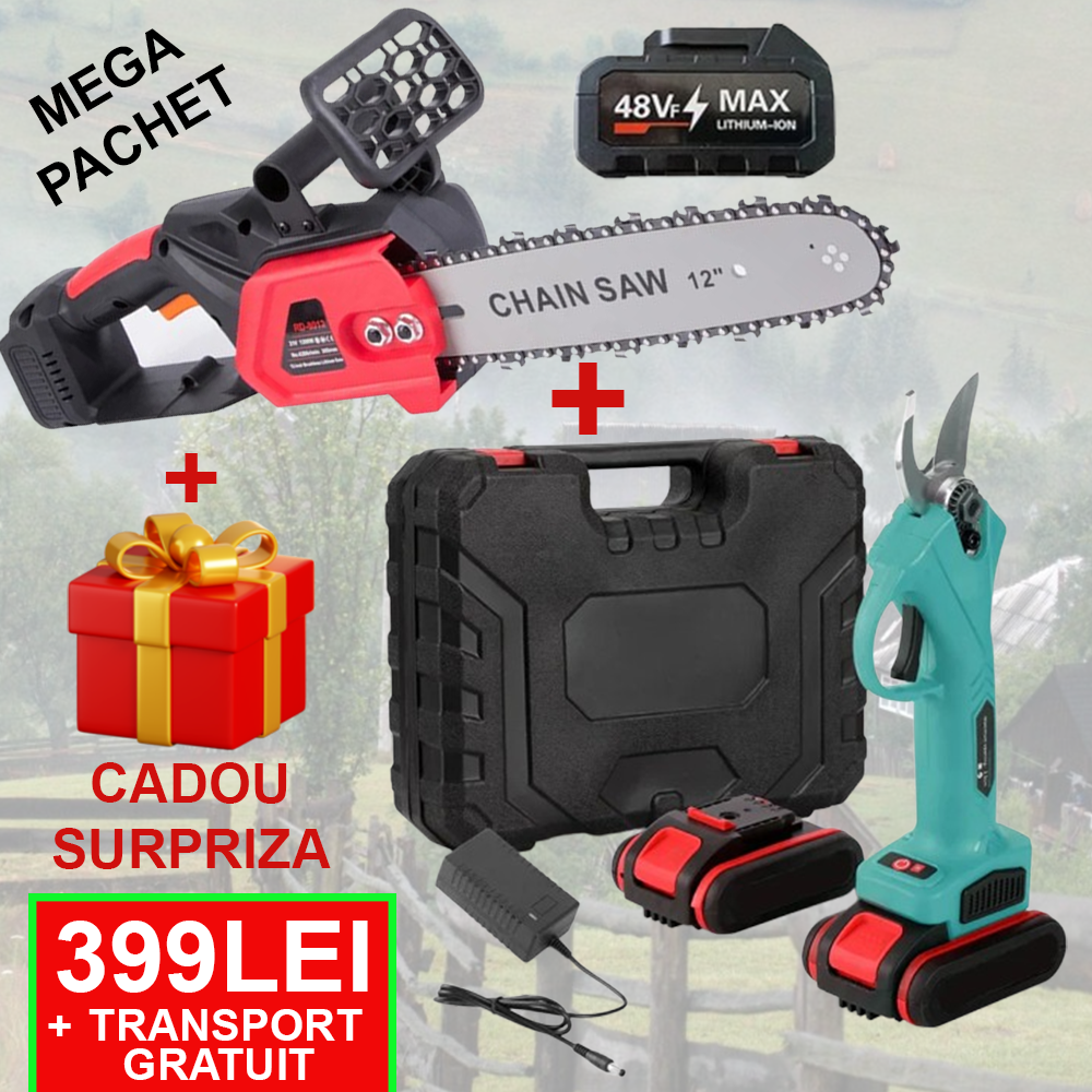 Pachet 4 : Foarfeca Electrica De Gradina Cu 2 Acumulatori De 24V + Drujba Electrica Cu 1 x Lama 31 cm (12 INCH), 1 x Lant, 2 x Acumulator 48V +CADOU SURPRIZA