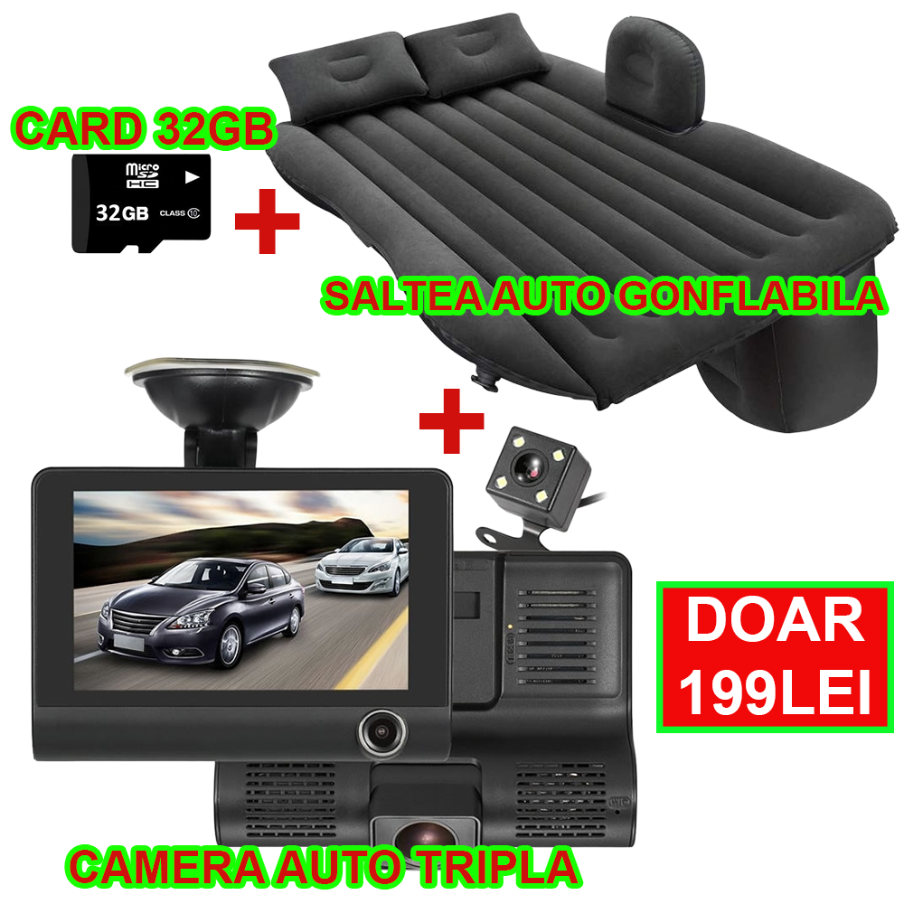 PACHET 8: Camera auto TRIPLA Full HD + Saltea Gonflabilă pentru Mașină + Card 32GB + Cadou Surpriză