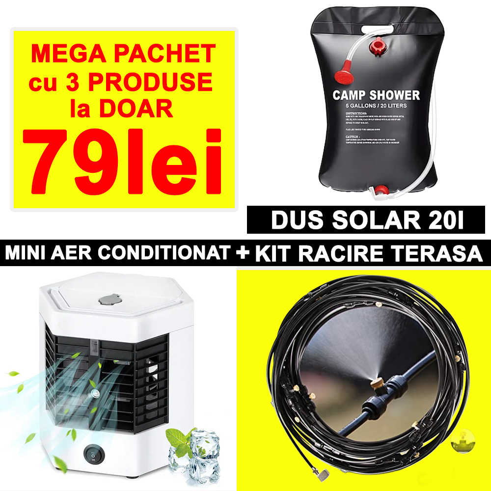PACHET 14: PACHET ANTI CALDURA: Mini Aer Portabil + Kit Terasa 20m + Dus Solar 20L
